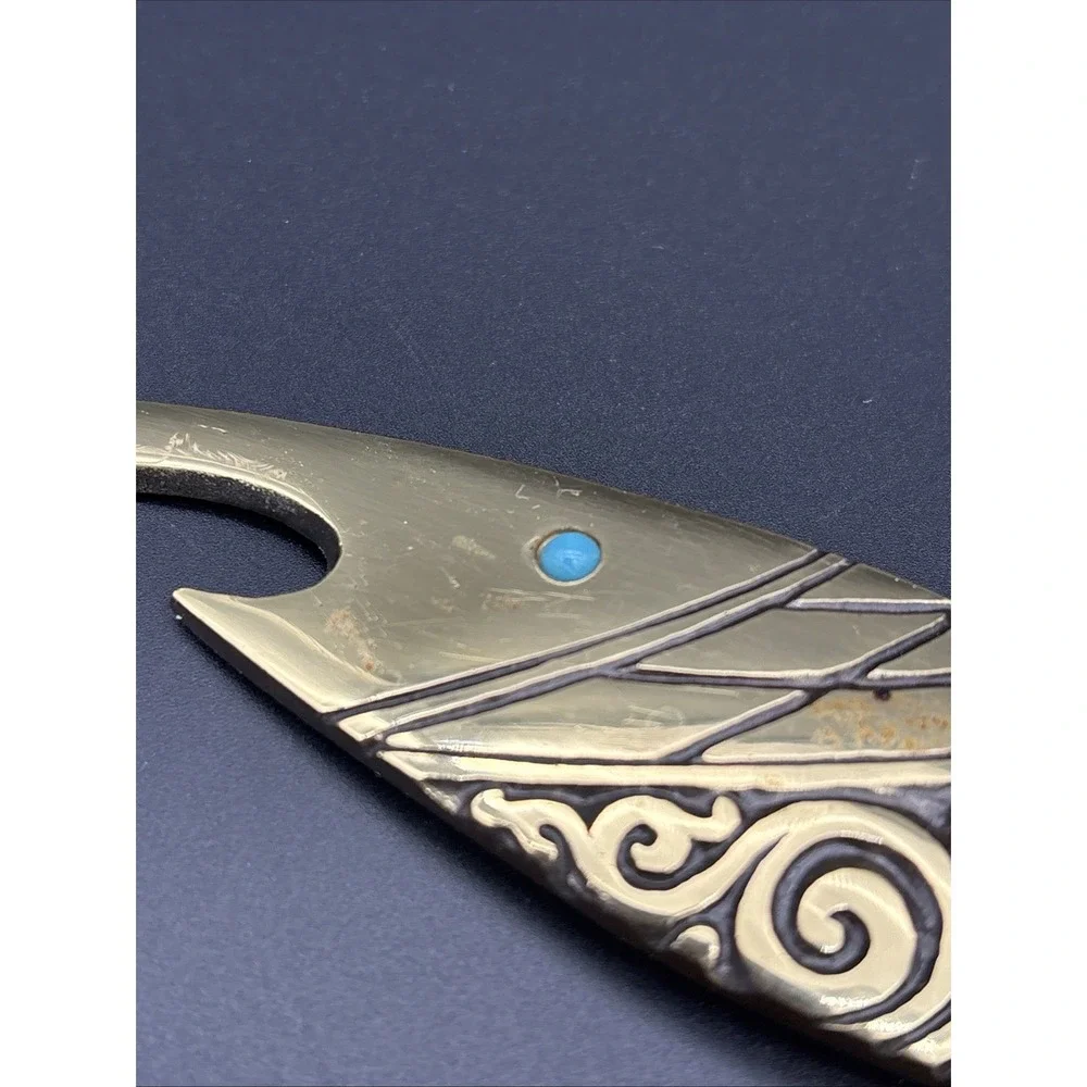 Vintage Mid-Century Israeli Brass Fish Bottle Opener Turquoise Eilat Stone Eye